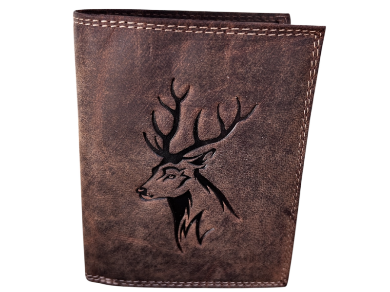 Hunting wallet with deer motif - vertical/tan