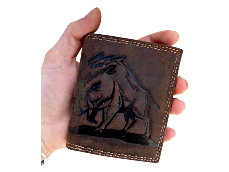 Hunting wallet with wild boar motif - vertical/MINI/brown
