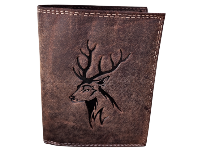 Hunting wallet with deer motif - vertical/tan