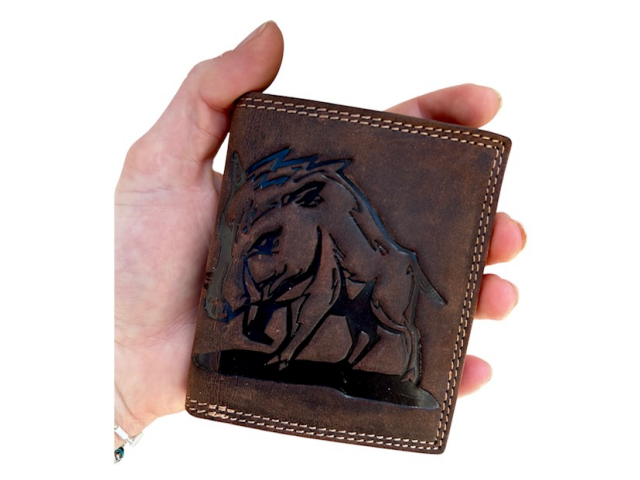 Hunting wallet with wild boar motif - vertical/MINI/brown