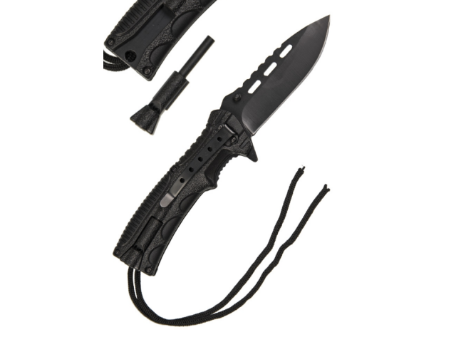 MILTEC One hand paracord folding knife black with flint