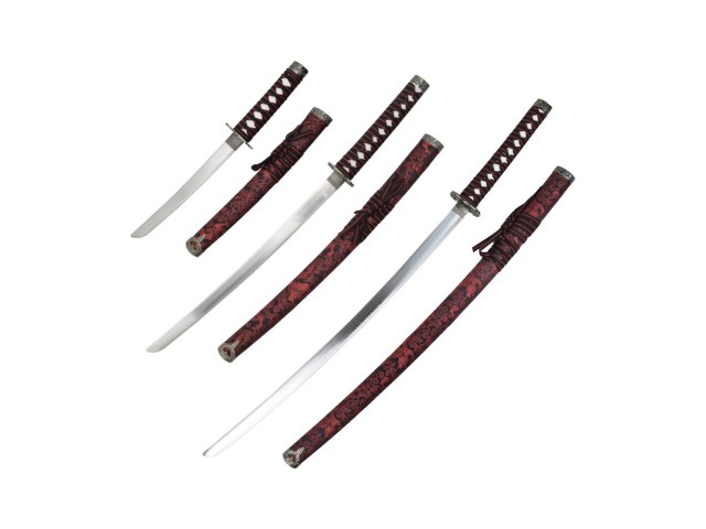 Set di Katana KATANA WAKIZASHI-TANTO - 3 pezzi su supporto ROSSO
