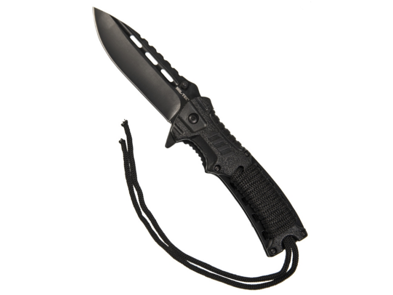 MILTEC One hand paracord folding knife black with flint