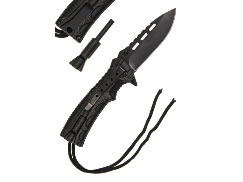 MILTEC One hand paracord folding knife black with flint