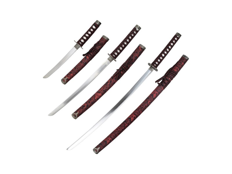 Set di Katana KATANA WAKIZASHI-TANTO - 3 pezzi su supporto ROSSO